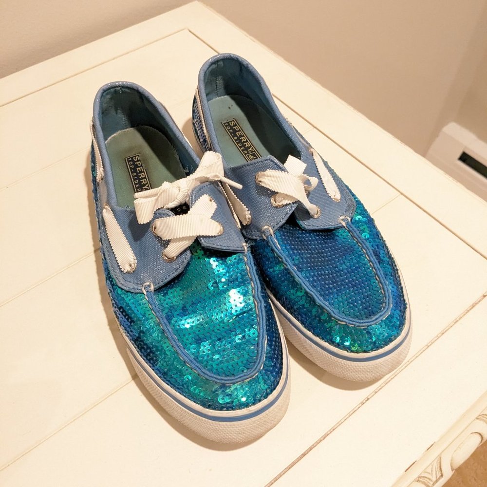 Sperry "Bahama" Blue Sequin Top-sider Boat Shoes  8.5 - Picture 2 of 6